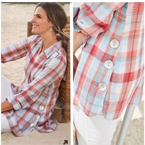 Soft Surroundings Lani Shore Plaid Shirt Top Pink Blue Mother Of Pearl Buttons M